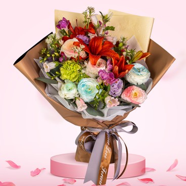 Flower Reservation - Flower Bouquet (9 Carnations, Orange Lilies, Bellflowers, Campanulas, Small Peonies, Freesia, - PC