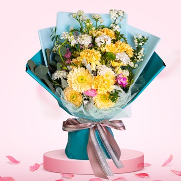 Flower Reservation - Flower Bouquet (6 Carnations, 6 Sunflowers, Chrysanthemums, Small Peonies, Eucalyptus and others) - PC