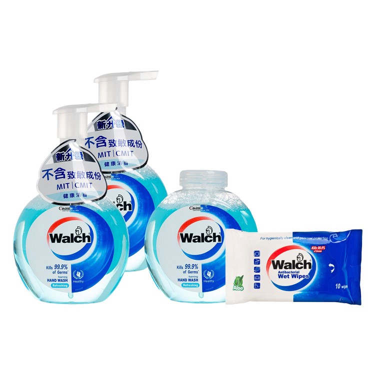 WALCH - ANTIBACTERIAL FOAMING HAND WASH(TWINPACK) WITH REFILL-REFRESHING FREE WET WIPES - 280MLX3+10'S