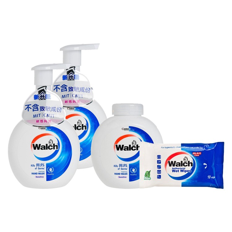 WALCH - ANTIBACTERIAL FOAMING HAND WASH(TWINPACK) WITH REFILL-SENSITIVE FREE WET WIPES - 280MLX3+10'S