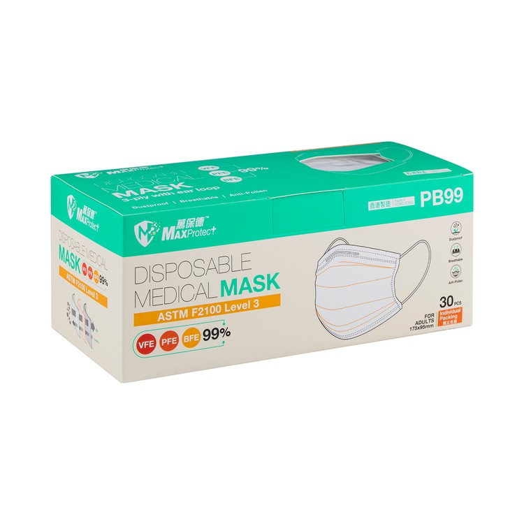 MaxProtect - ASTM LEVEL 3 DISPOSABLE MEDICAL MASK 3-PLY WITH EAR LOOP (WHITE) L SIZE - 30'S