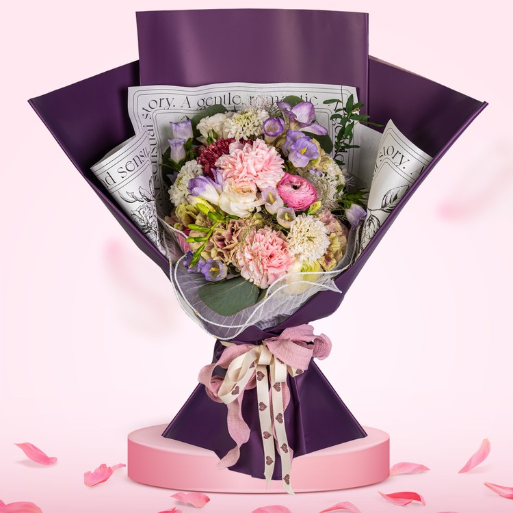 鮮花預定 - 格蘭花店 - 鮮花花束 (康乃馨9支、桔梗、風鈴、小牡丹、噴泉草、米娜葉) [GF00120] - PC
